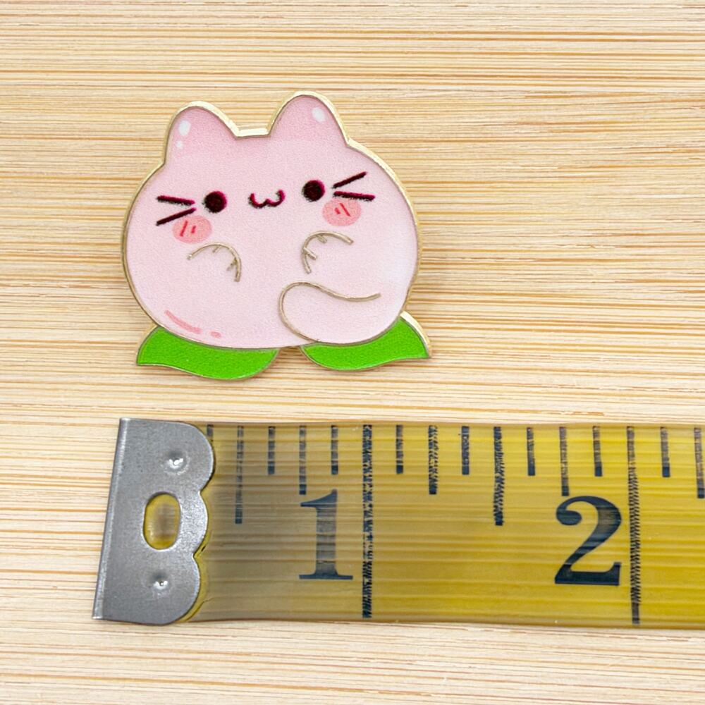 Peach Pink Cat Enamel Pin Kawaii Kitty Floral Leaf Collectible Brooch - Picture 4 of 4